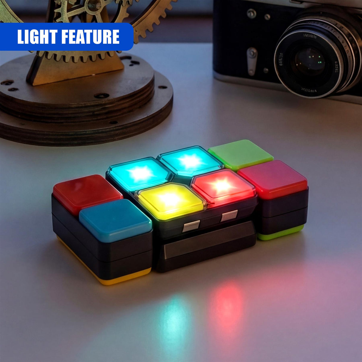 Handheld puzzle cube featuring illuminated sides, glowing with multiple colors of light.