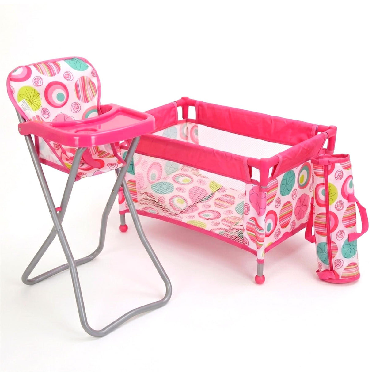 Pink high chair, patterned baby cot, and matching carry bag set for travel.