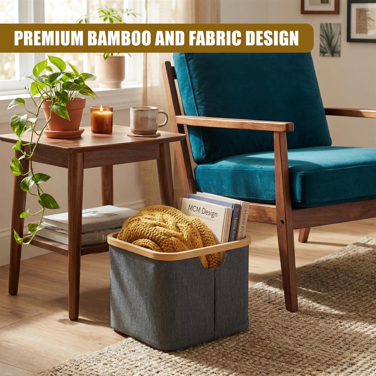A gray fabric hamper stands on a rug, filled with yellow folded laundry and several books.