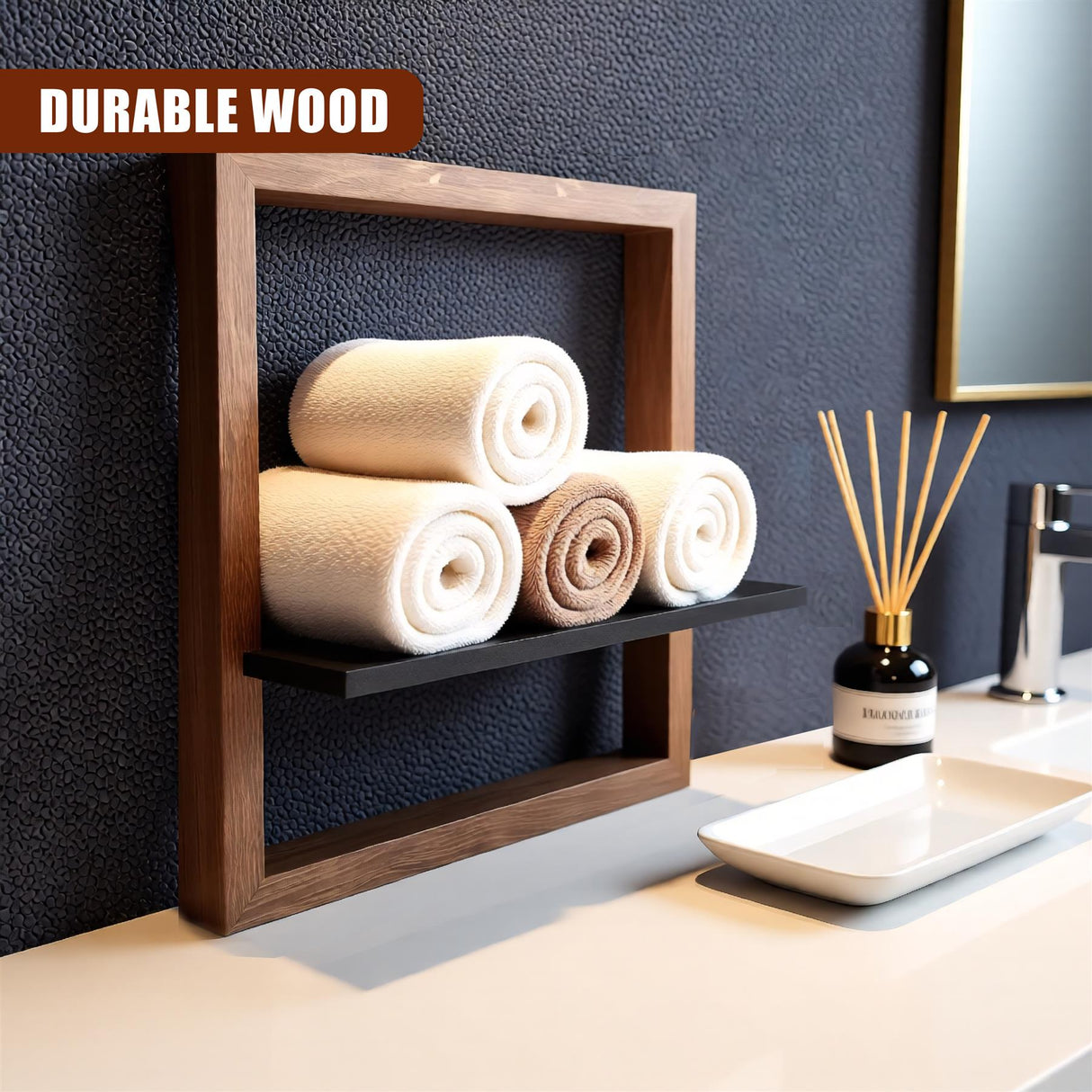 A sleek and modern wooden shelf, holding towels in a neat arrangement on either side, with a clean white towel holder in center. - UKBuyZone