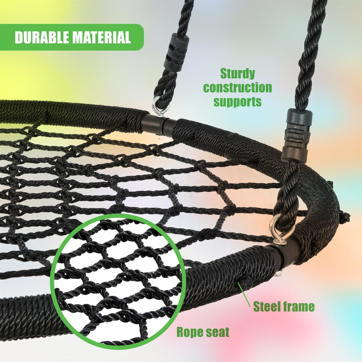 Black rope swing featuring a woven net seat suspended by metal hardware and thick cables.