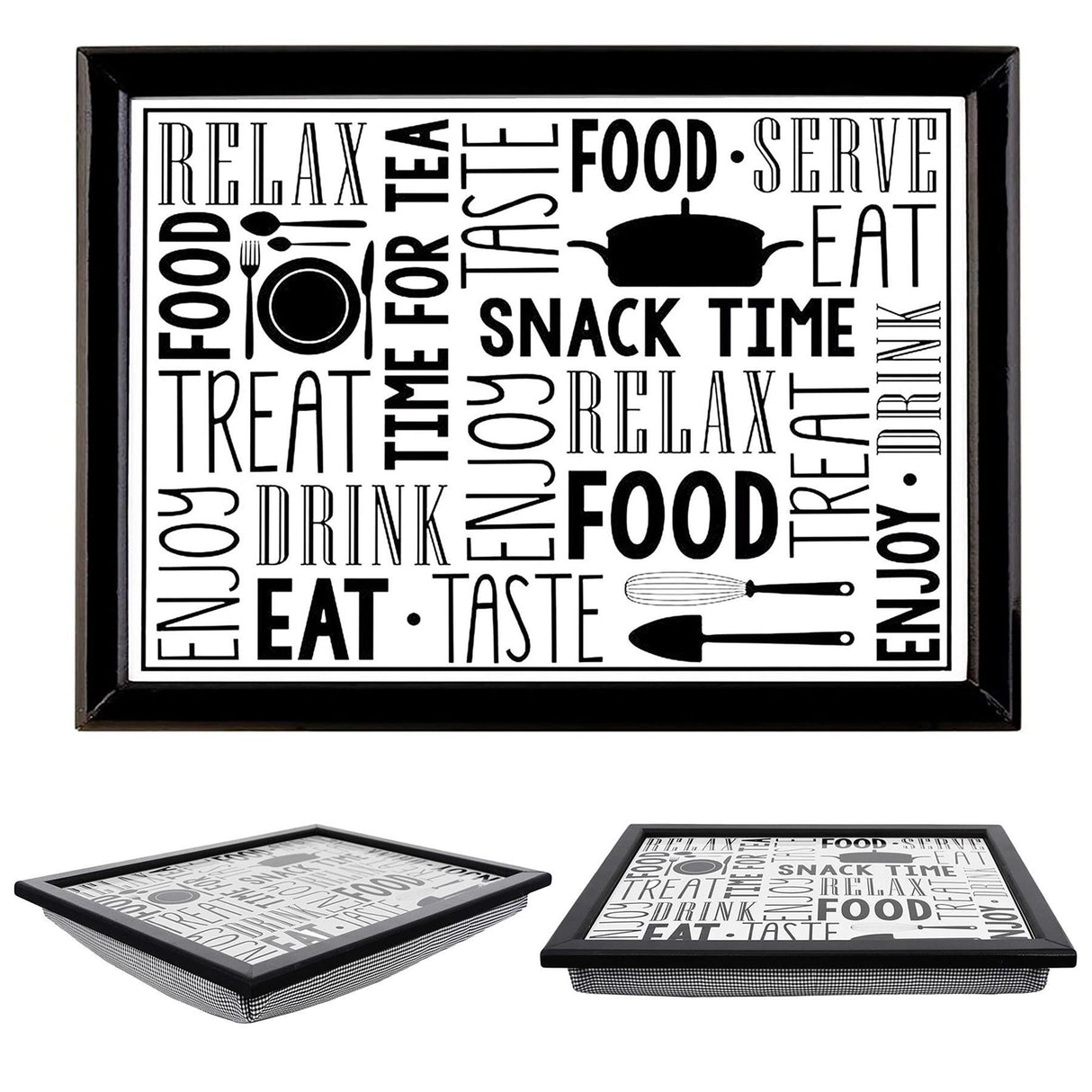 A black and white serving tray with a pattern of various food-related words and images. - UKBuyZone
