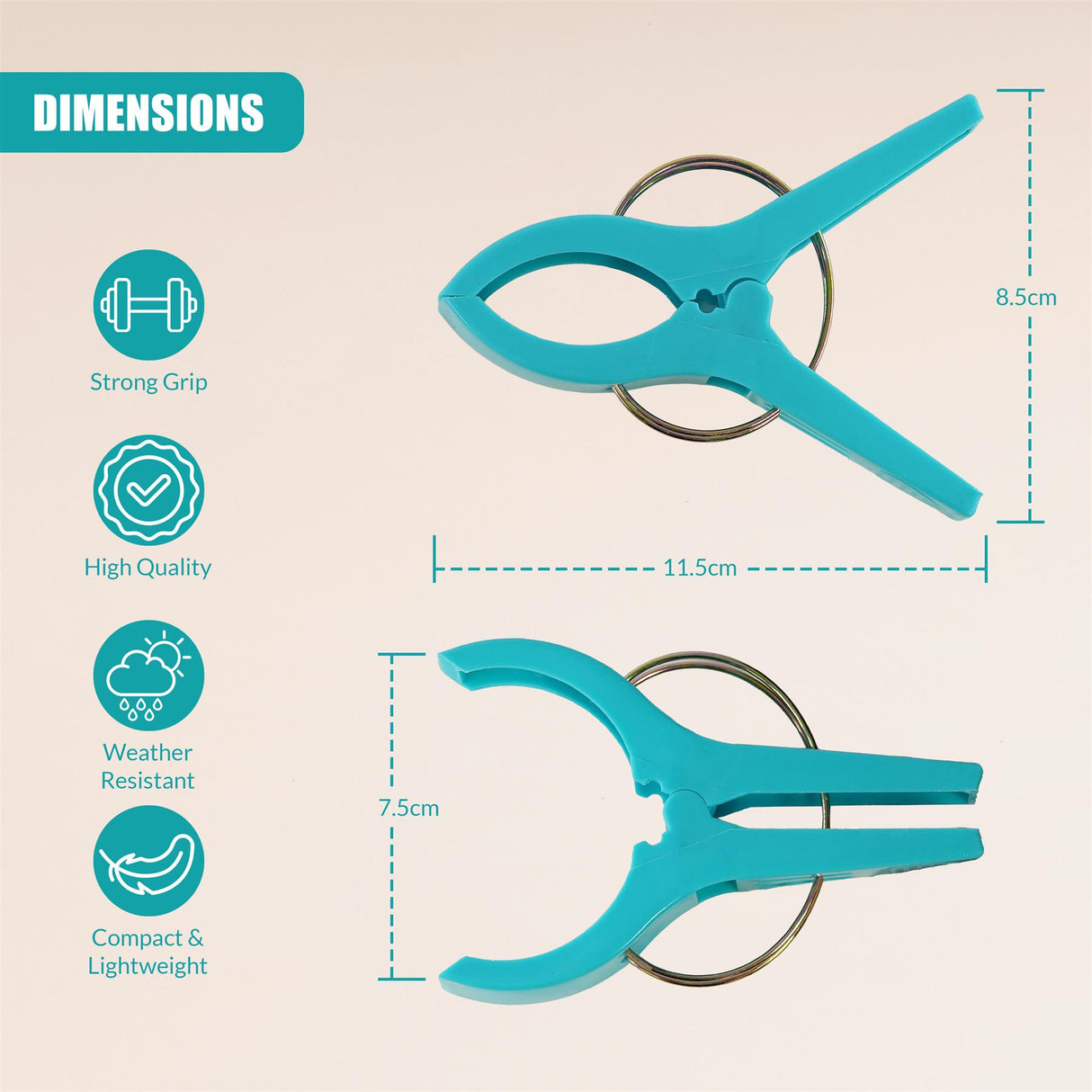 Two teal claw-style clips are shown with diagrams detailing their length and width dimensions.