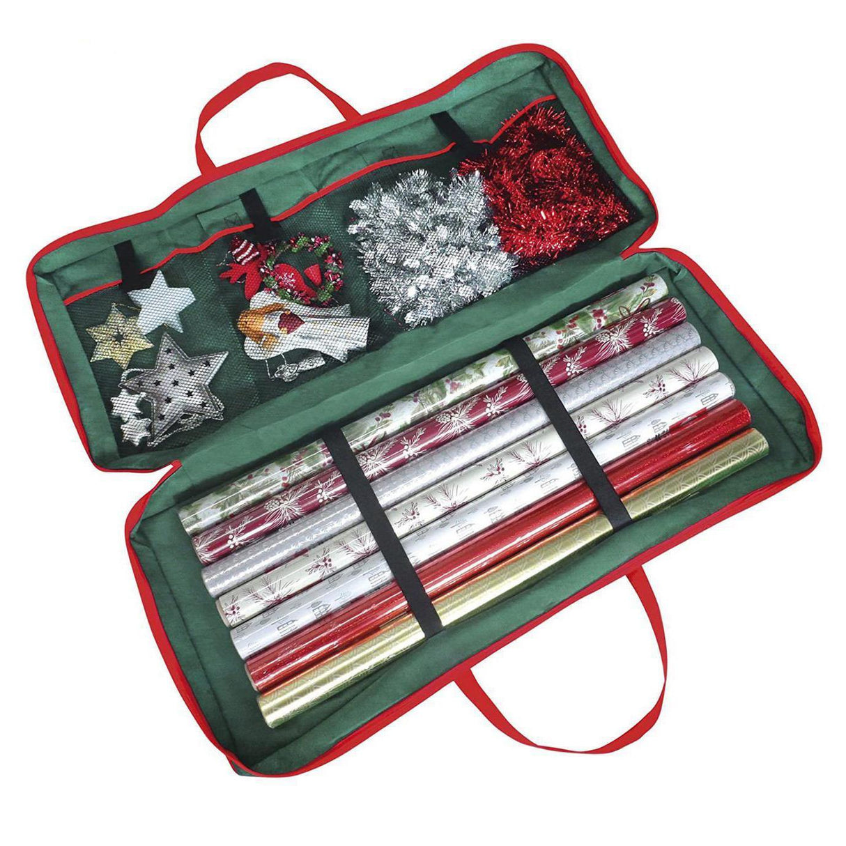 A green and red gift wrapping storage bag with a handle and compartments for storing and organizing wrapping paper, gift cards, and other holiday supplies. The bag is open, revealing its contents, including rolls of wrapping paper, gift cards, and other holiday items. - UKBuyZone