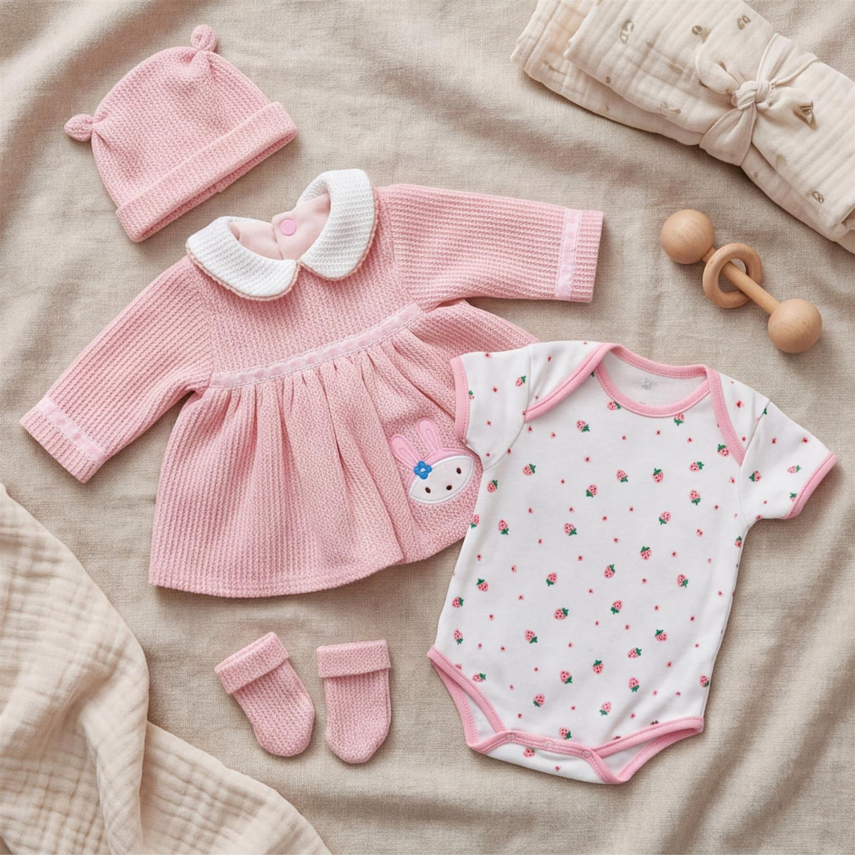 Pink doll outfit set featuring a hat, long-sleeved top, pleated skirt, and patterned bodysuit.