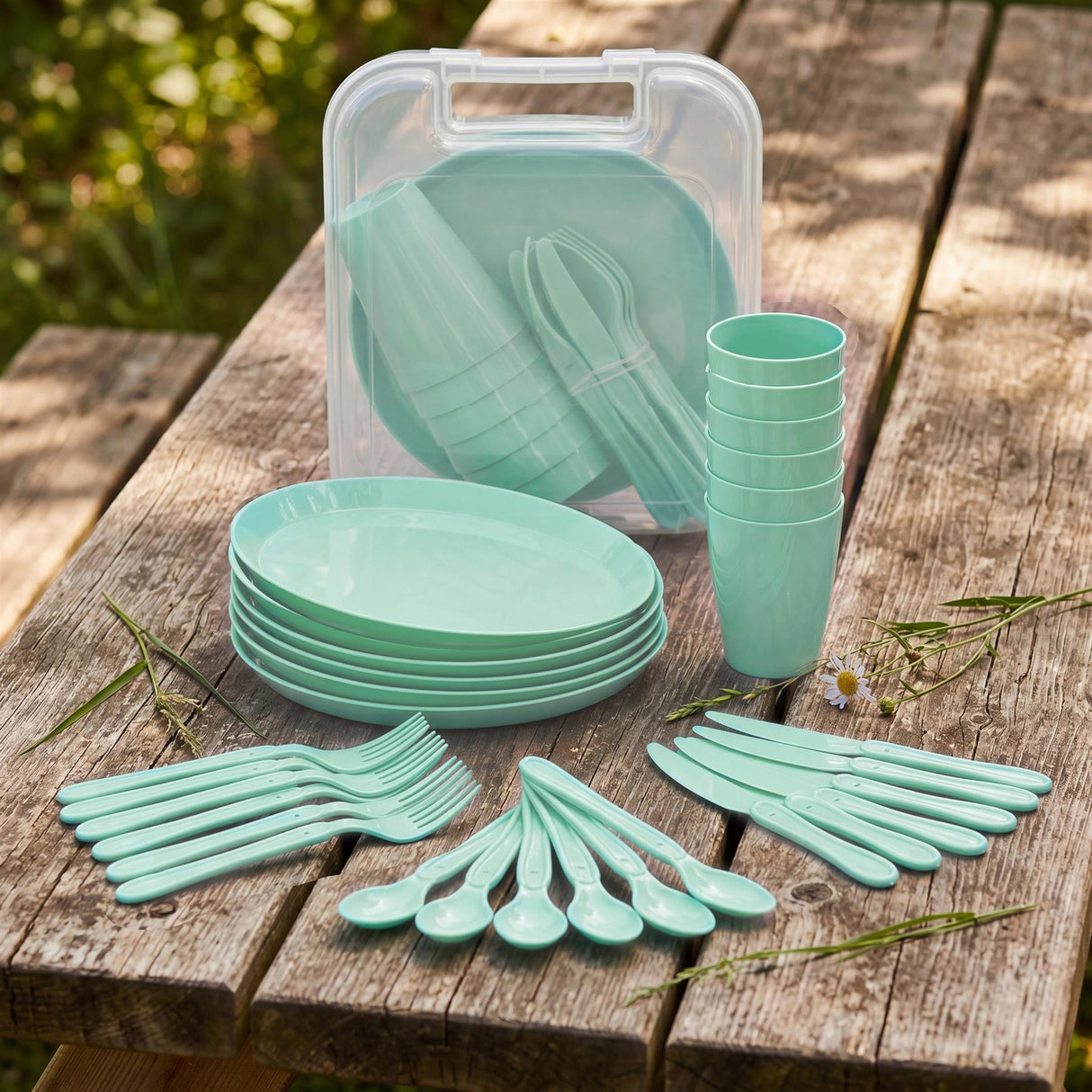 Pastel green picnic set includes plates, cups, silverware, and a clear storage case on a wooden table.