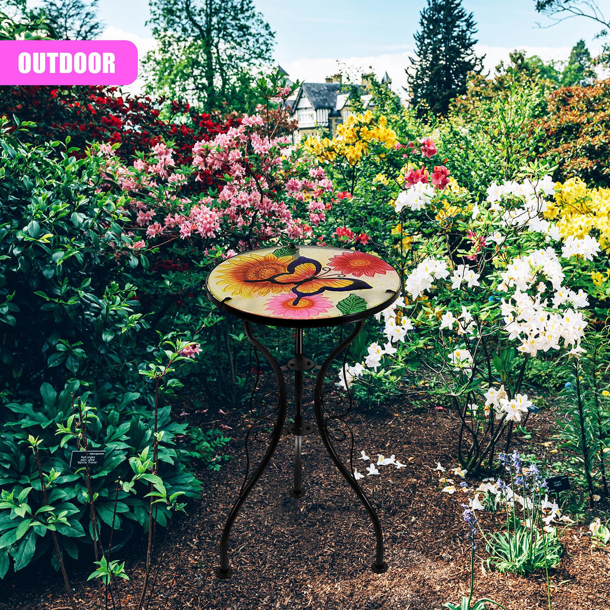 Round Side Garden Mosaic Table  With Flowers and Butterfly Design by Geezy - UKBuyZone