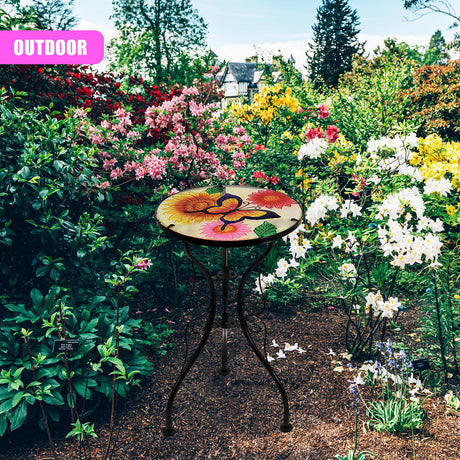 Round Side Garden Mosaic Table  With Flowers and Butterfly Design by Geezy - UKBuyZone