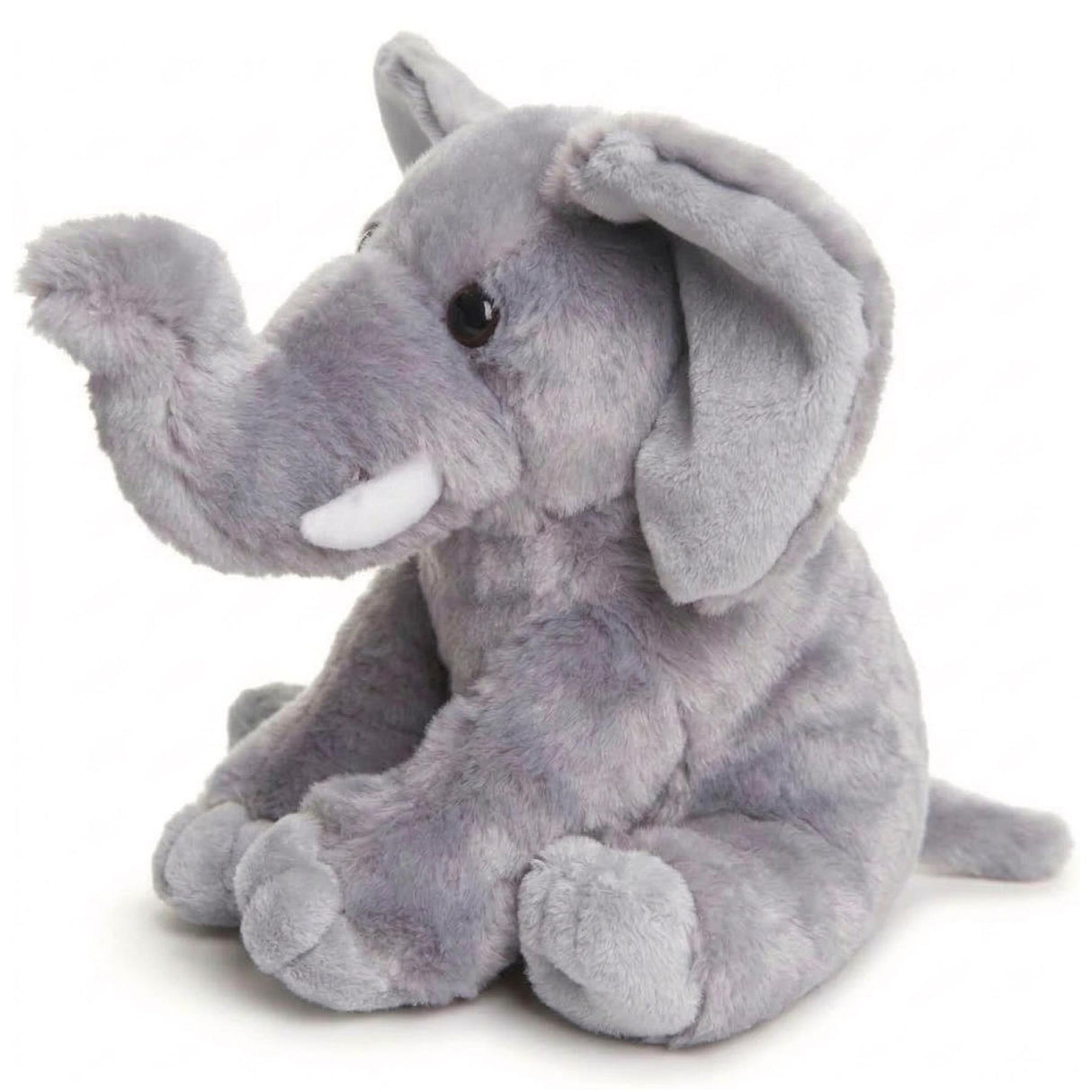 Plush light gray elephant toy sitting upright with its trunk gently extended.