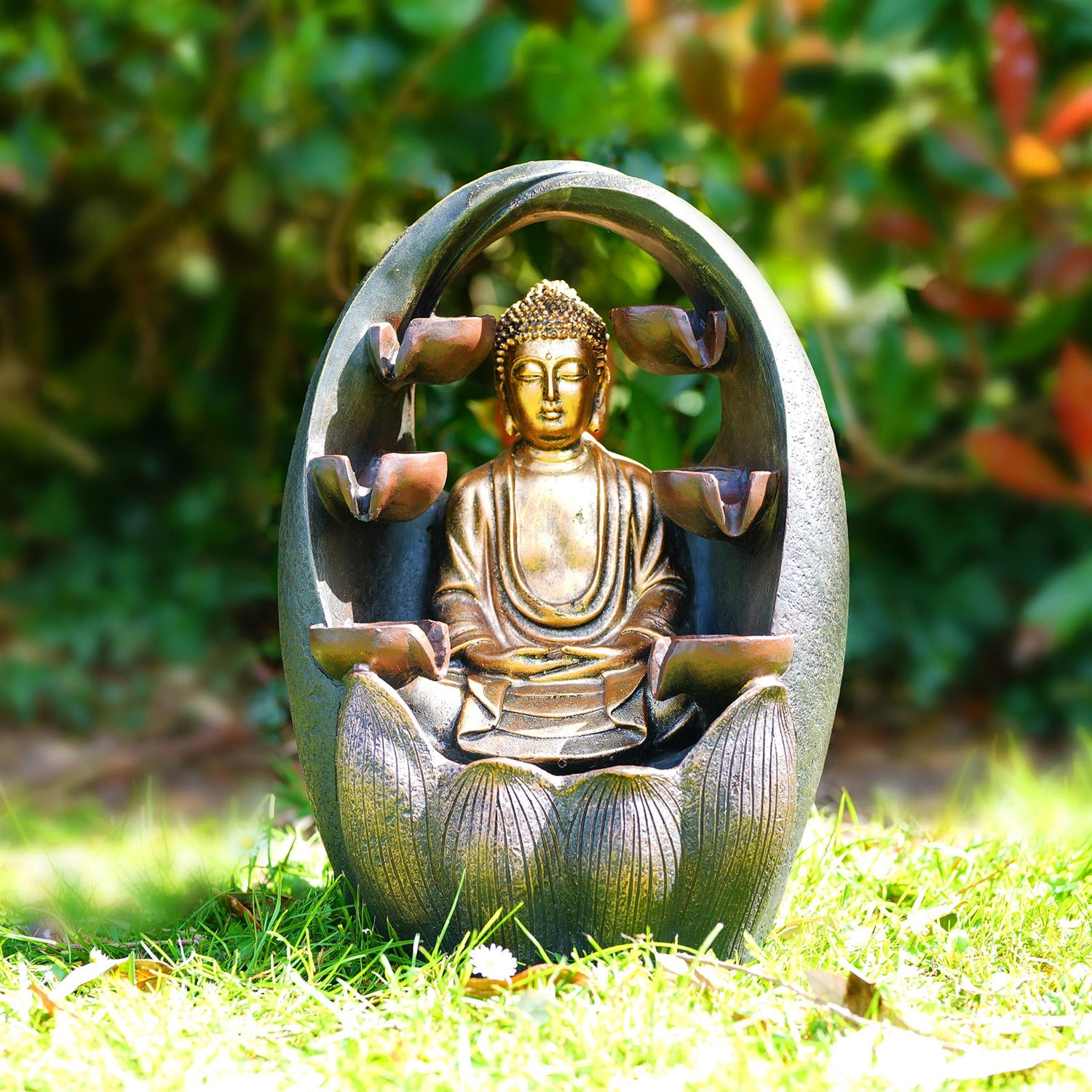 Golden Buddha Solar Water Feature Outdoor With LED by GEEZY - UKBuyZone