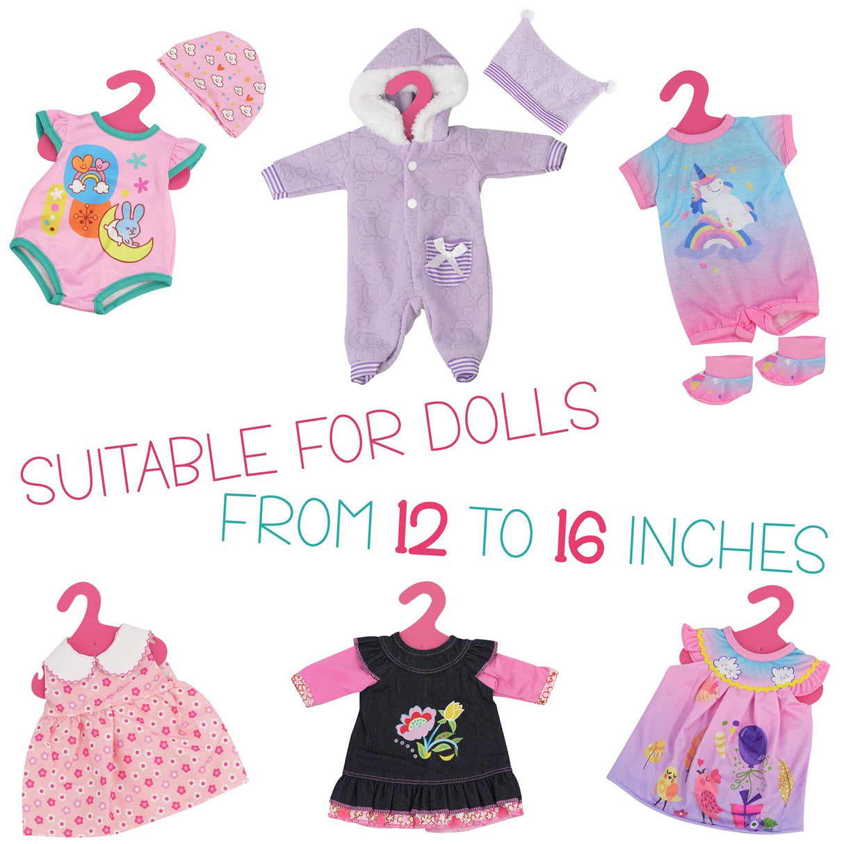 "A collection of baby clothes with different patterns and sizes, suitable for various doll types. Set includes six unique designs: two pink dresses, two striped onesies, one animal print jumpsuit, and one unicorn-themed outfit. Each piece is labeled with its size in centimeters (12" - 16")." - UKBuyZone