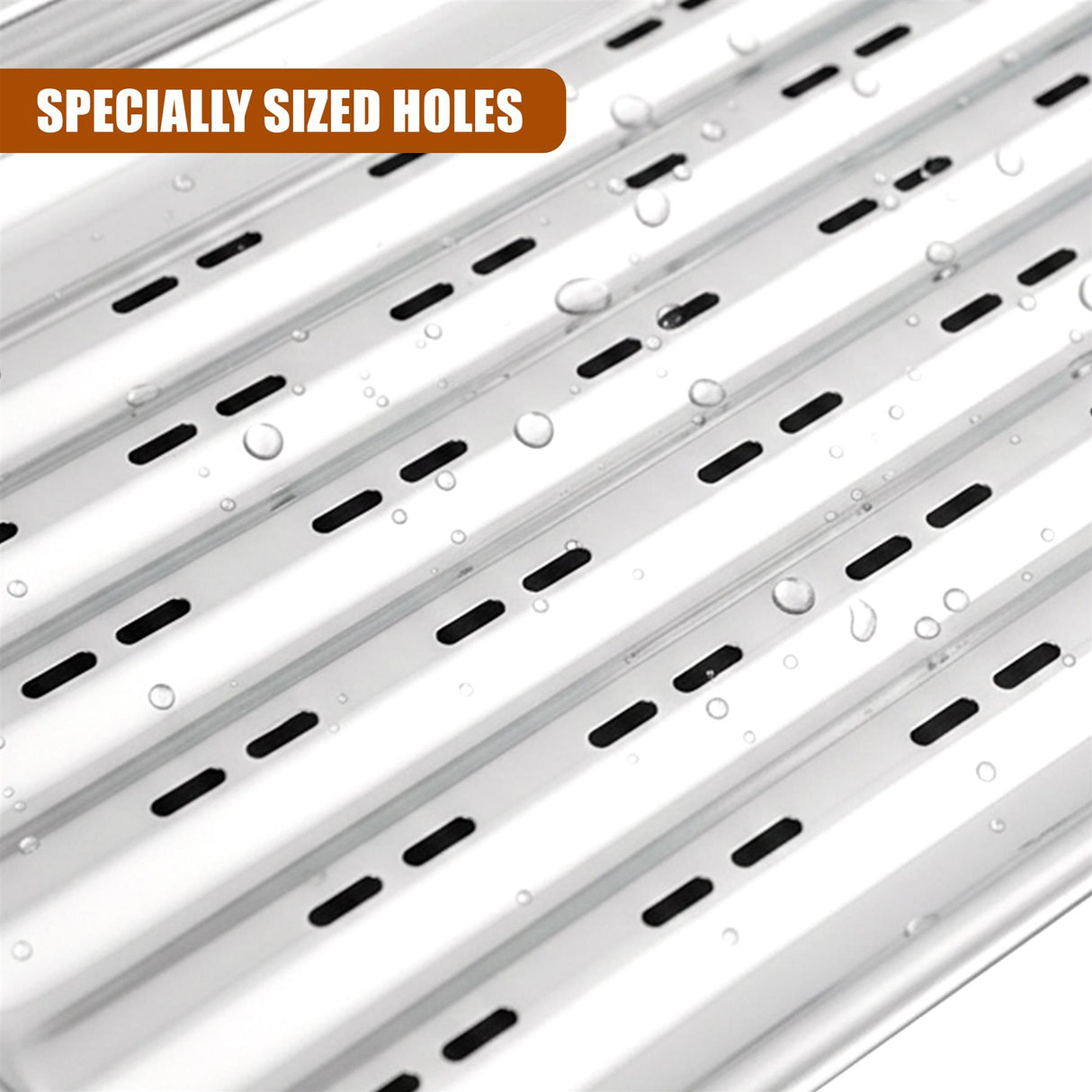 Silver metal grilling tray with multiple parallel slats and small holes, covered with water droplets.