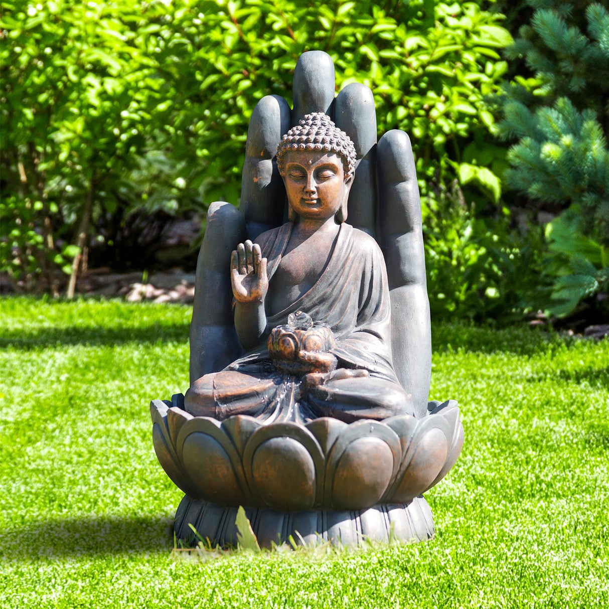 Palm Buddha Water Feature Outdoor With LED by GEEZY - UKBuyZone