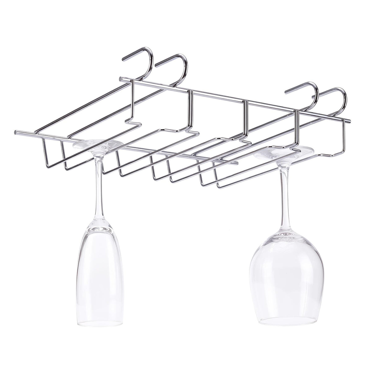 Under Shelf Wine Glass Rack by GEEZY holding two wine glasses