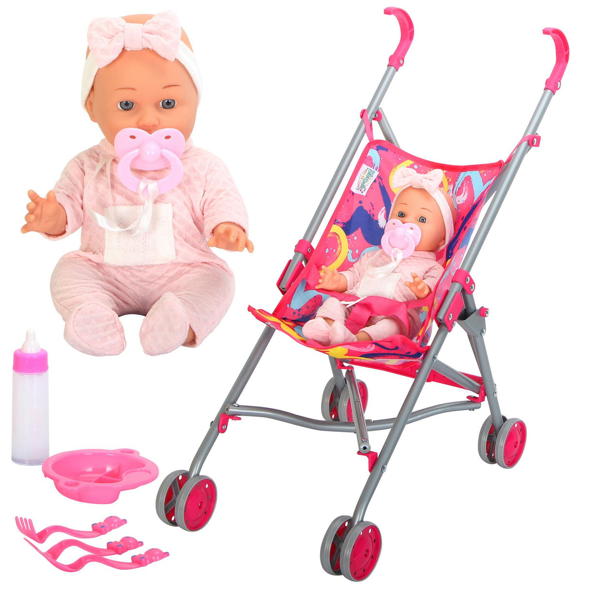 Baby Doll With Stroller & Feeding Accessories Set by BiBi Doll - UKBuyZone