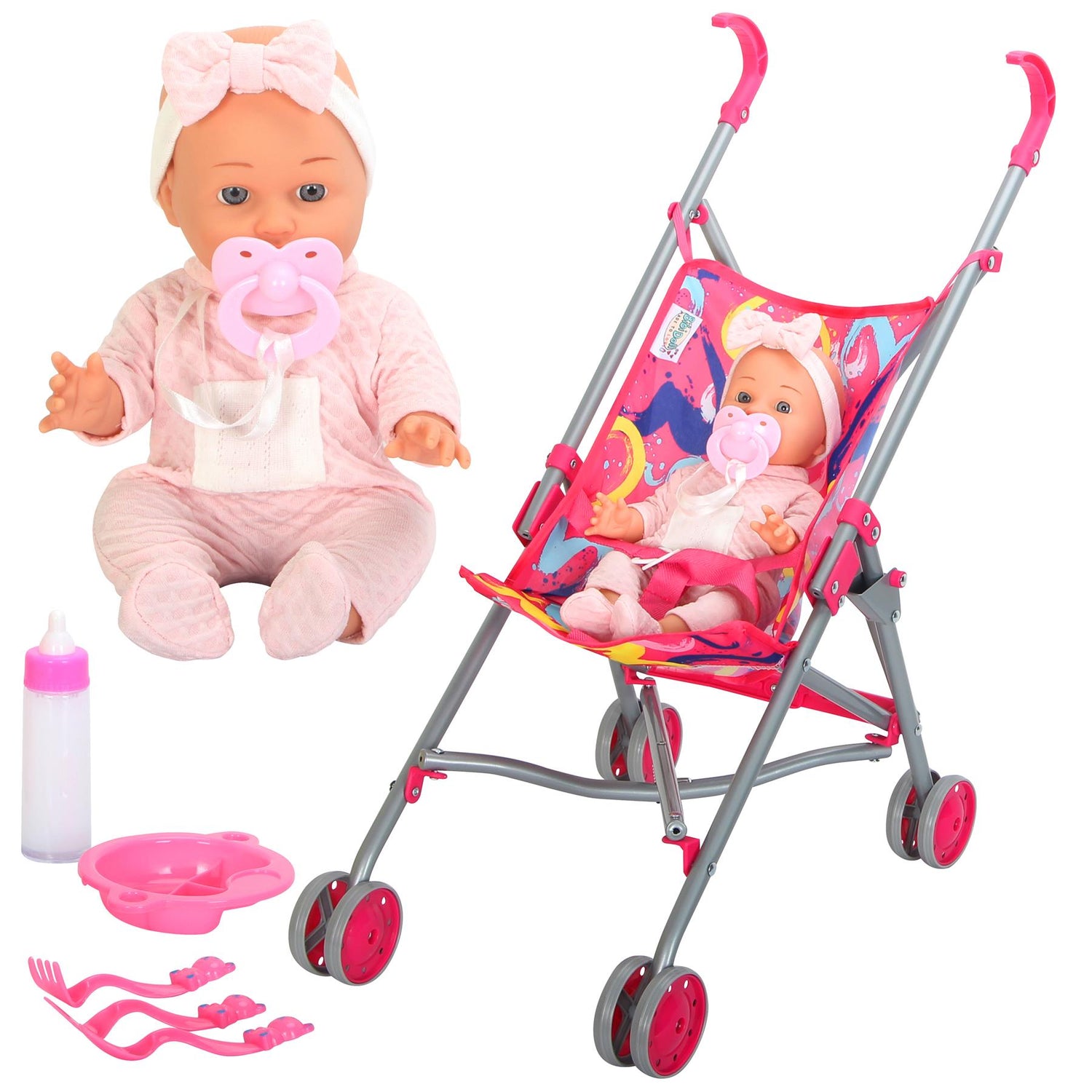 Baby Doll With Stroller & Feeding Accessories Set by BiBi Doll - UKBuyZone