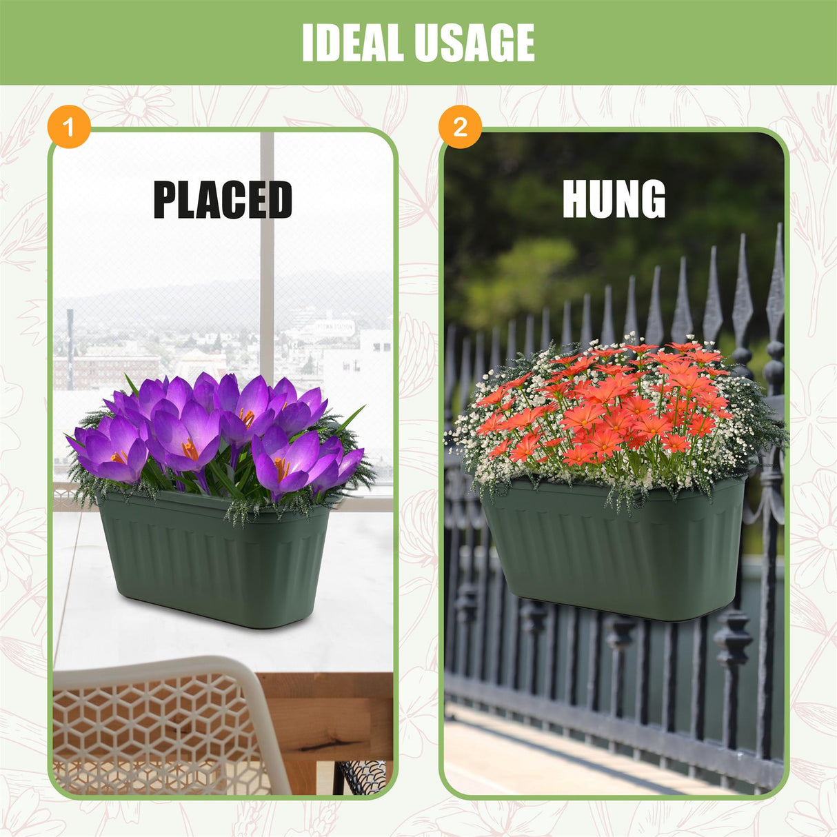 Green over fence hanging planter, purple flowers in a green pot, placed on a white picket fence. - UKBuyZone
