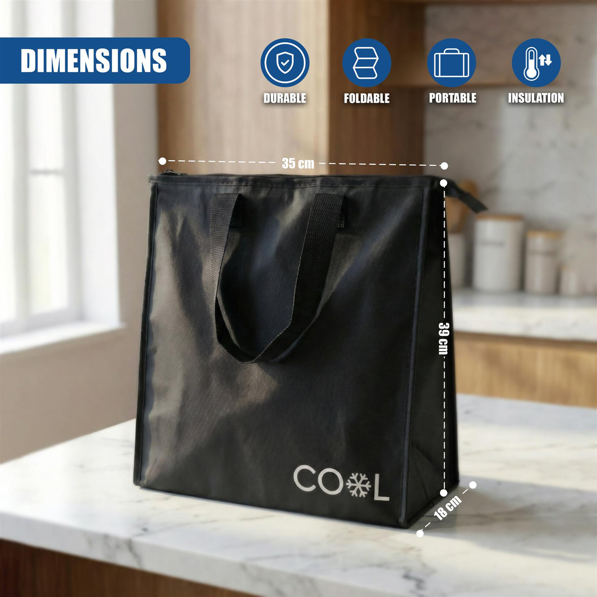 Black insulated shopping bag with a handle and logo. Dimensions are marked 35 cm wide, 39 cm high, and 18 cm deep.