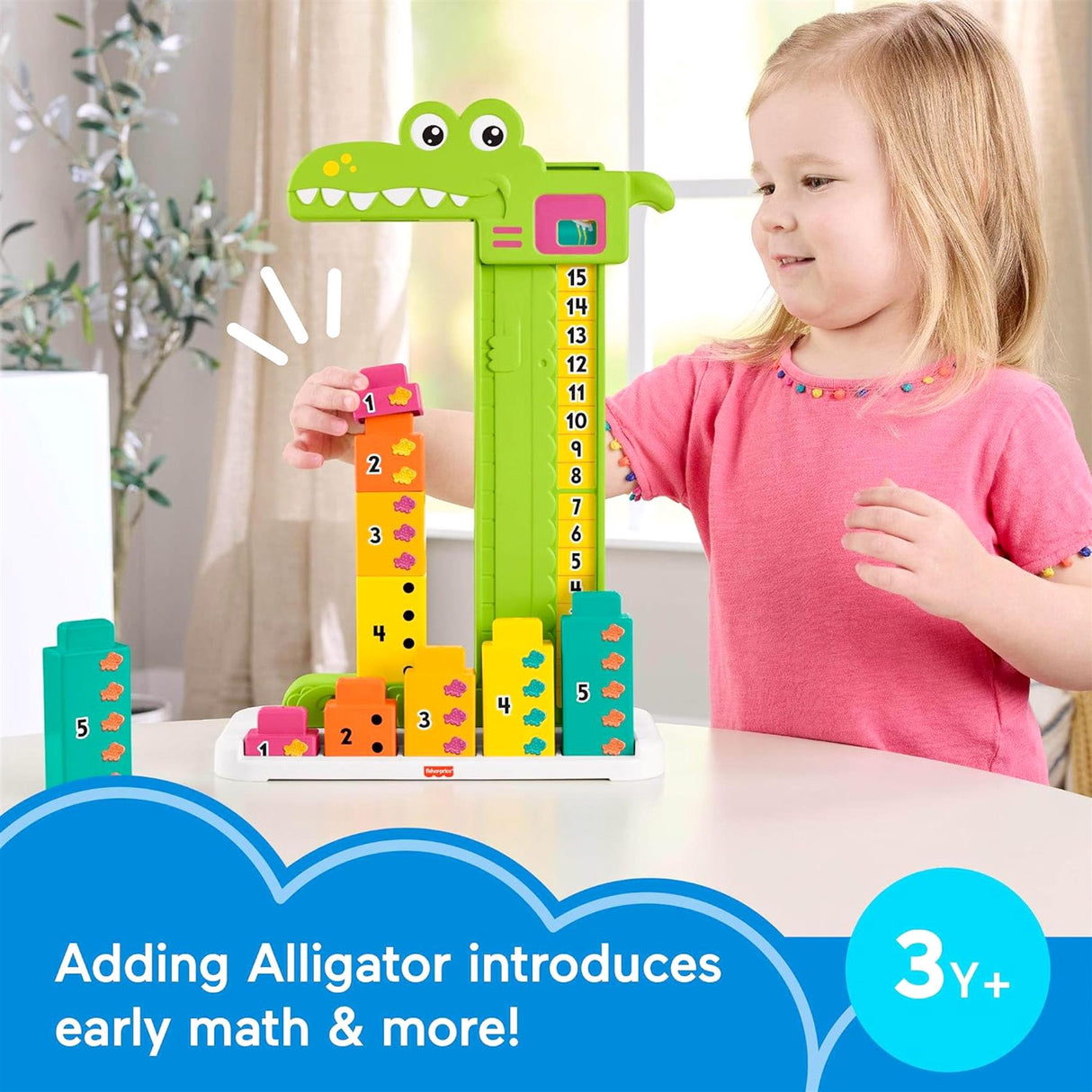Little girl using the green alligator toy, which incorporates numbered blocks for counting and math.
