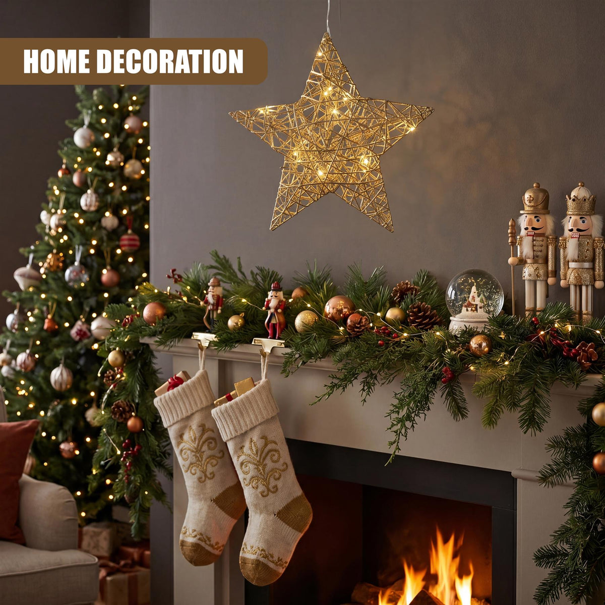 Hanging LED Christmas star by GEEZY, suspended above a decorated fireplace mantel with stockings and nutcrackers