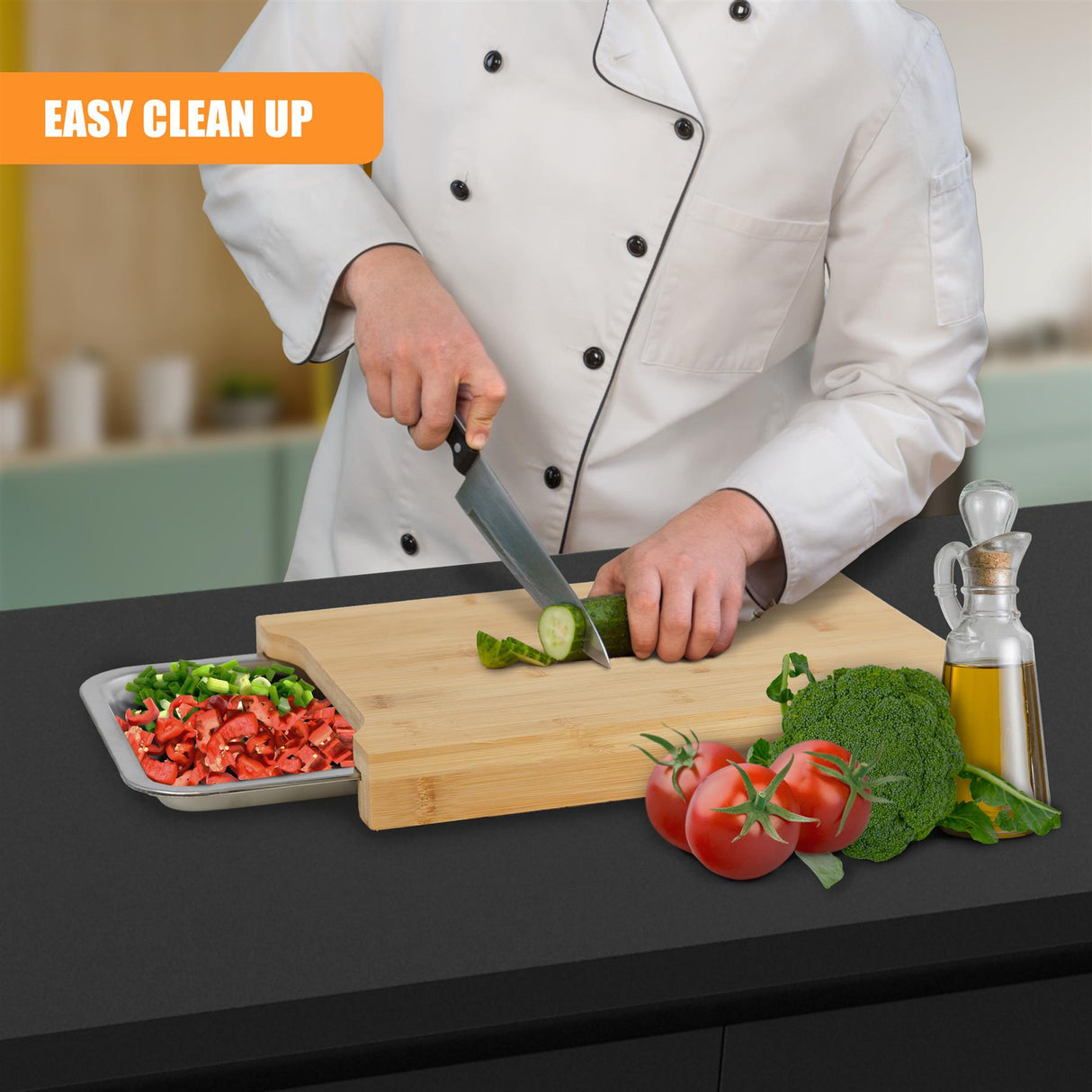 Bamboo Chopping Board with Stainless Steel Tray by GEEZY - UKBuyZone