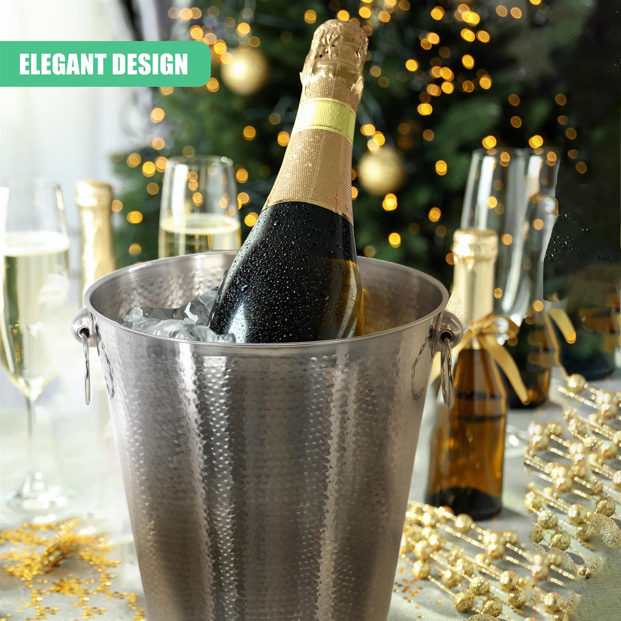 Stainless Steel Ice Bucket Hammered Champagne Drink Wine Cooler With Handles by Geezy - UKBuyZone