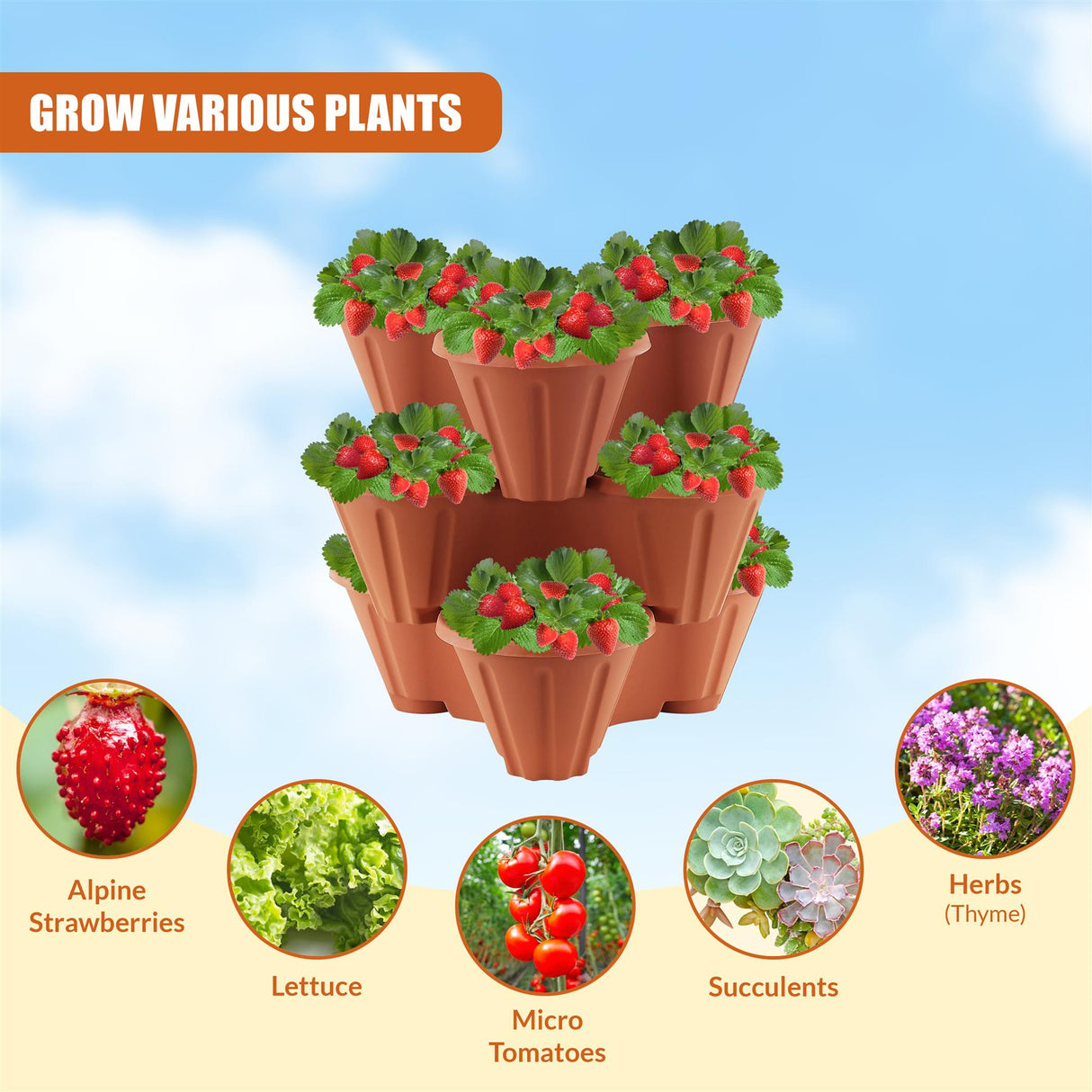 "A vertical strawberry garden in a stackable planter with red strawberries and fresh herbs, including parsley, basil, cilantro, rosemary, sage, thyme and oregano." - UKBuyZone