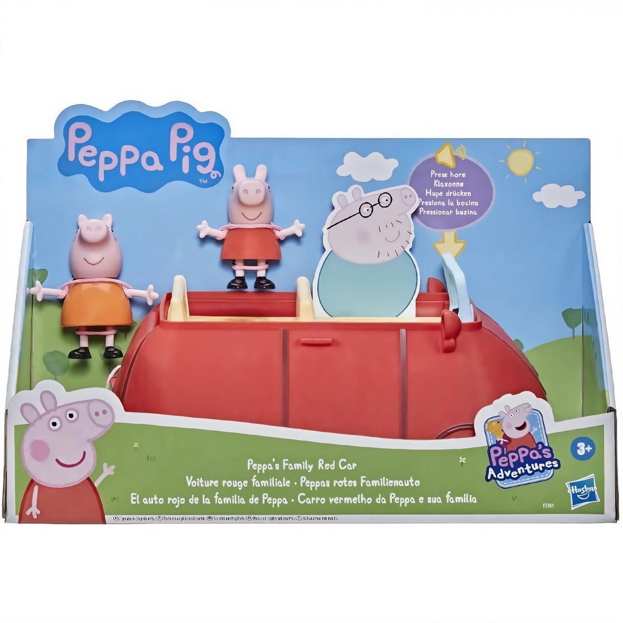 A red toy car set with cutout figures of Daddy Pig, Mommy Pig, and Peppa Pig.