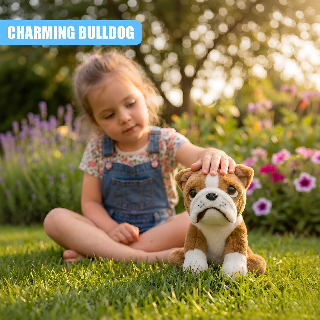Young girl sitting outside in grass next to a plush, brown and white British Bulldog toy.
