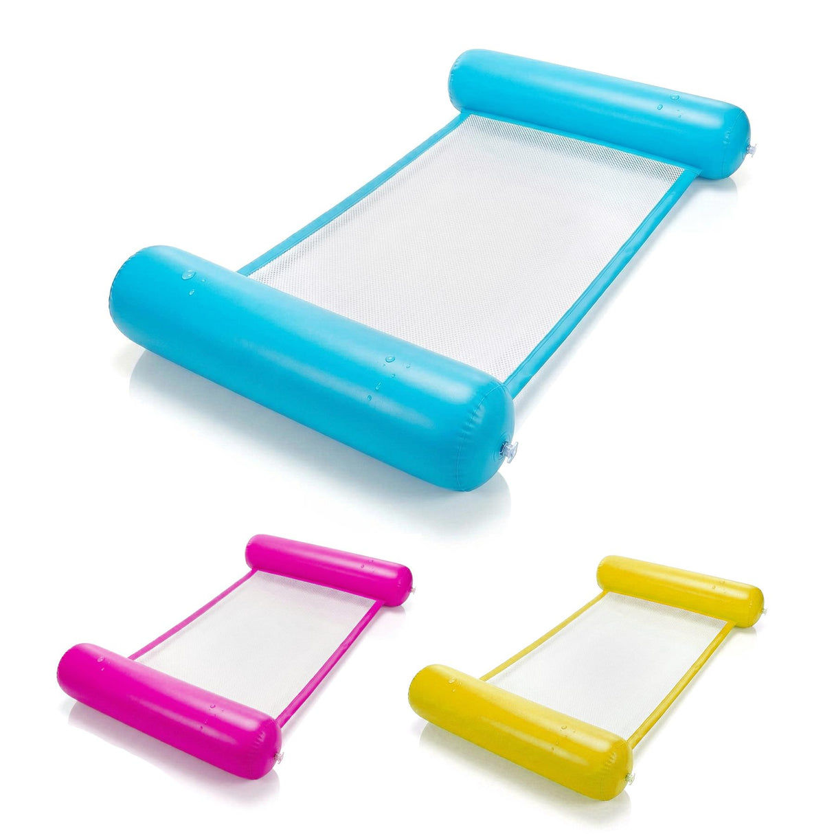 Set of three colorful floating water loungers, including blue, pink, and yellow inflatable designs.