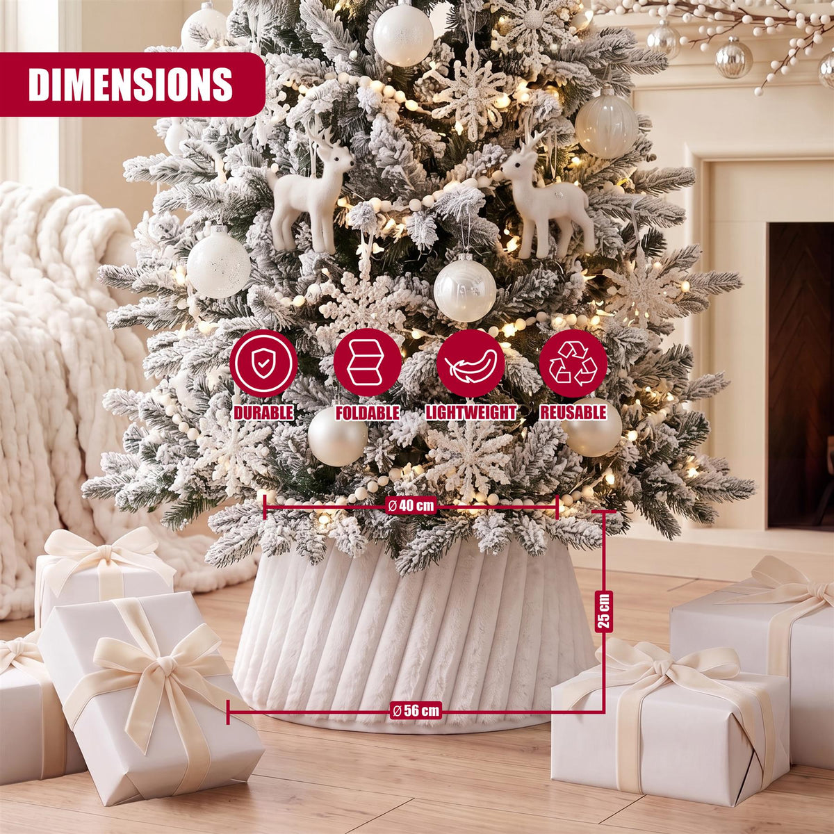 White faux fur Christmas tree skirt displayed around a decorated tree with gifts and dimension labels