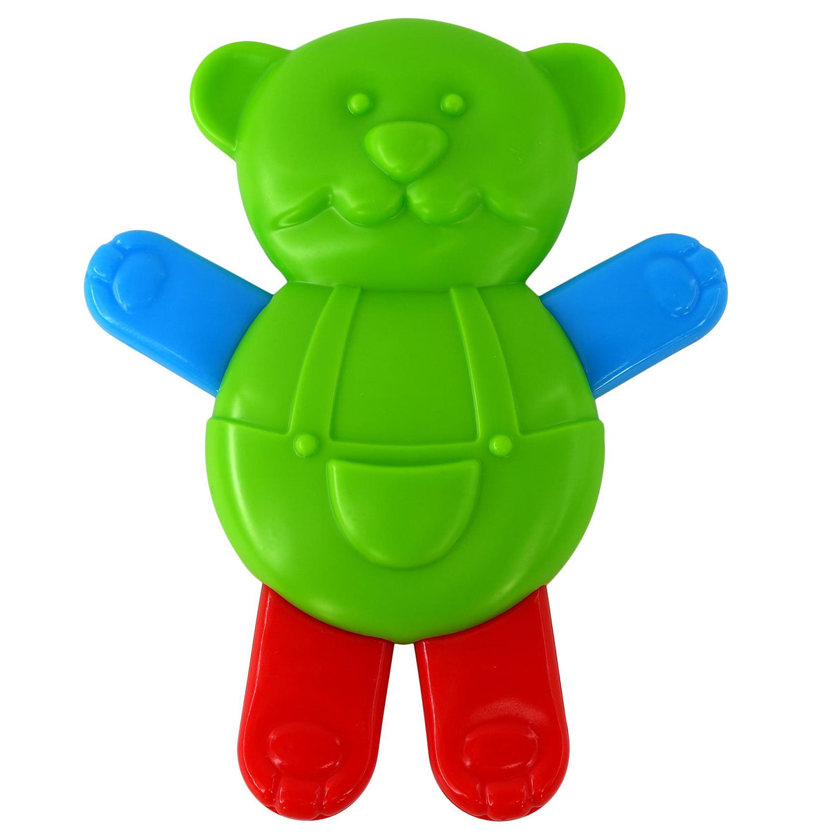 Green bear-like teether toy with blue arms and red legs, made of molded plastic.