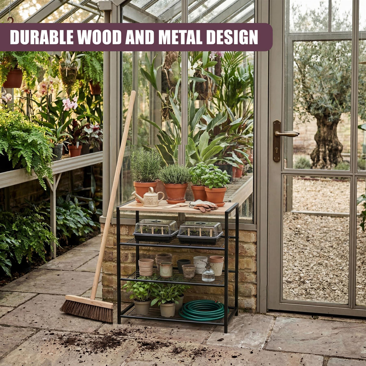 Black metal three-tiered shoe rack displayed among potted plants near a glass patio door.