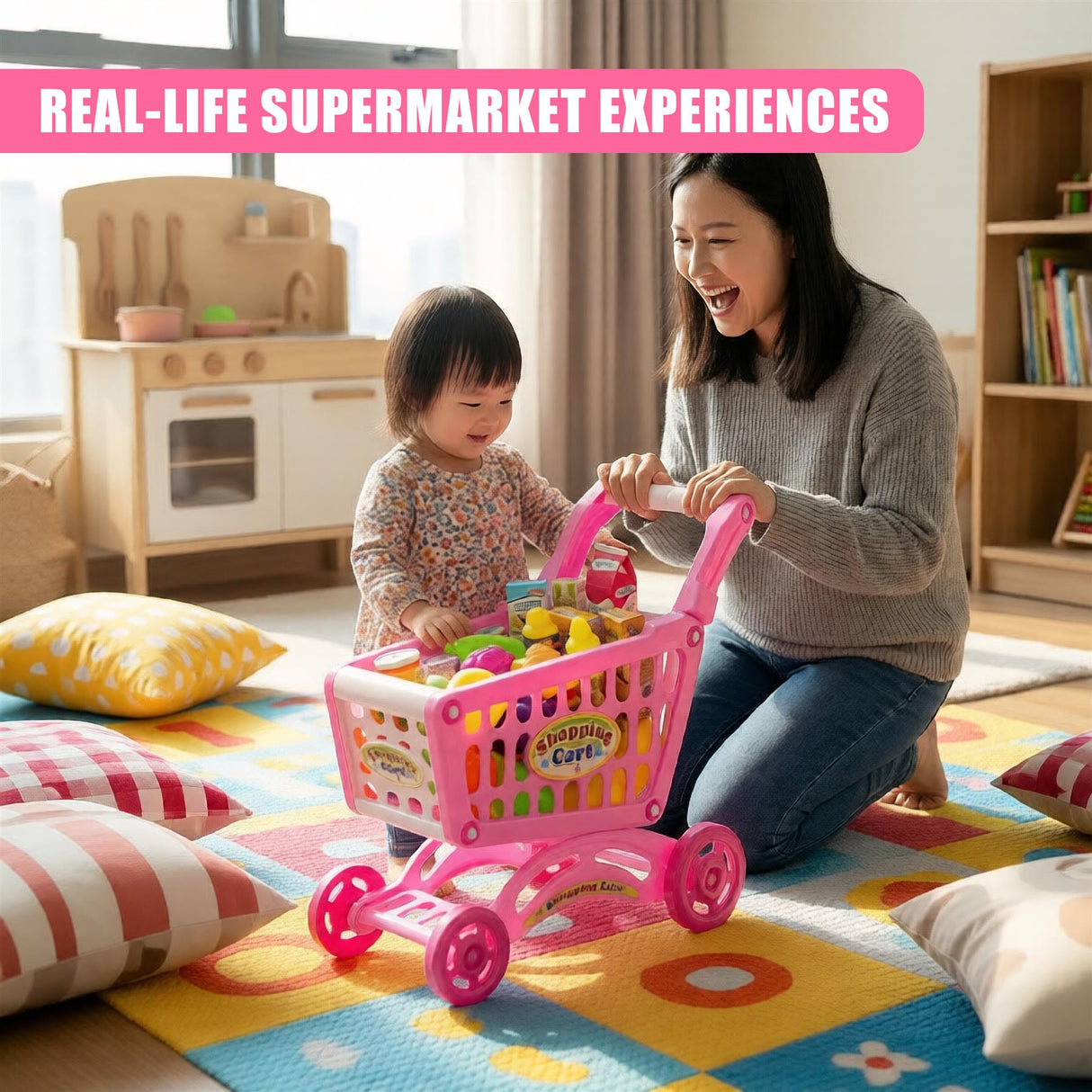 "Real-life supermarket experiences: A child's shopping cart play set with a smiling woman and a baby in front of a room, offering a glimpse into a family's day-to-day life" - UKBuyZone