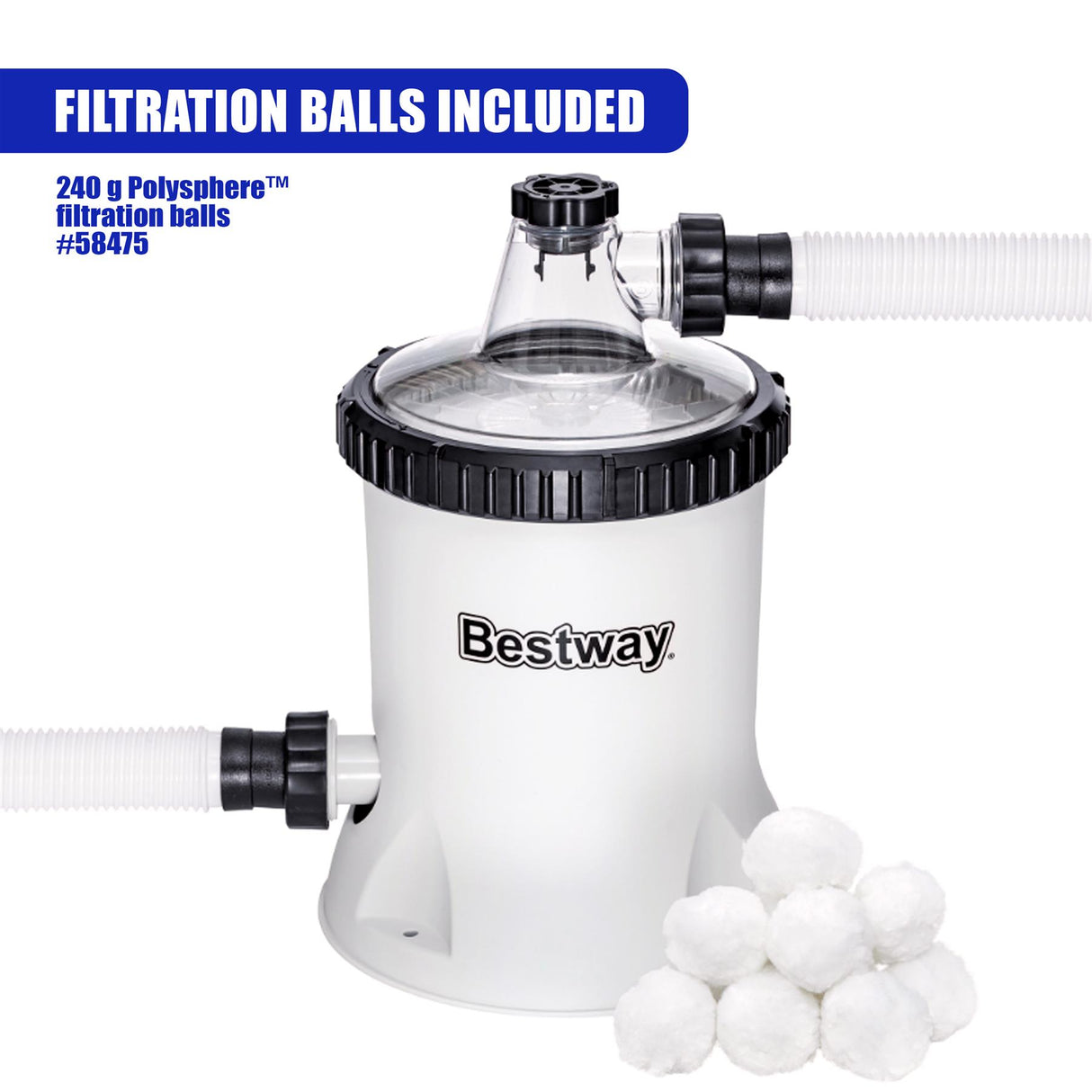 Bestway filter pump unit featuring connections and a grouping of white spherical filtration balls.