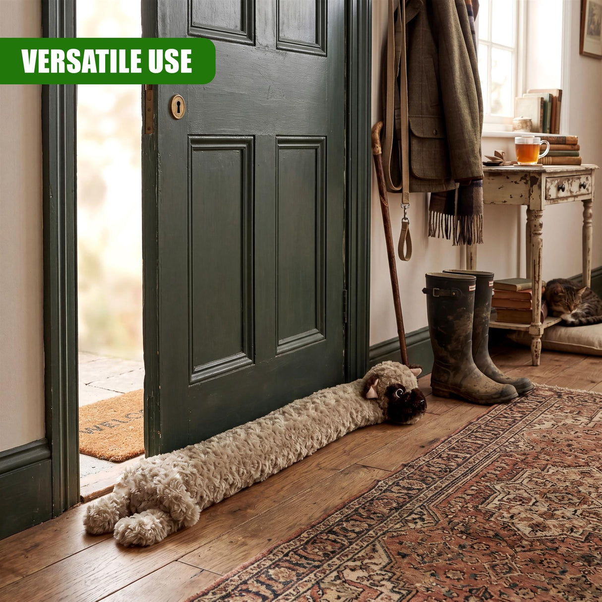 A plush dog figure is placed on a patterned rug at the base of a dark green door.