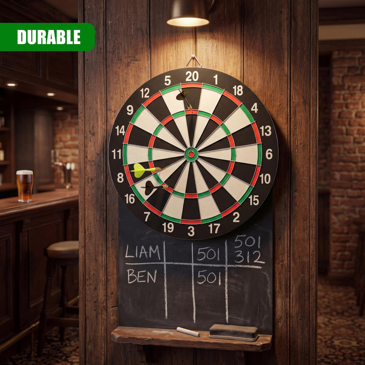 Double-sided dartboard, darts, and chalkboard score area mounted on wood.