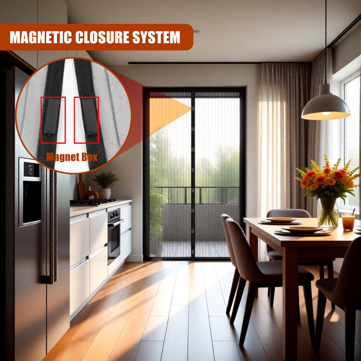 A sliding glass door in a modern kitchen, with a magnetic screen door system in place. The door is partially open, allowing a view of the outdoors. A dining table with a vase of flowers is in the foreground, and a kitchen island with a stove and refrigerator is in the background. - UKBuyZone