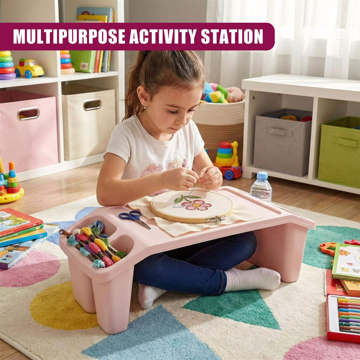 "A child sits at a children's desk, surrounded by toys and craft supplies, indicating an engaging workspace for creativity." - UKBuyZone