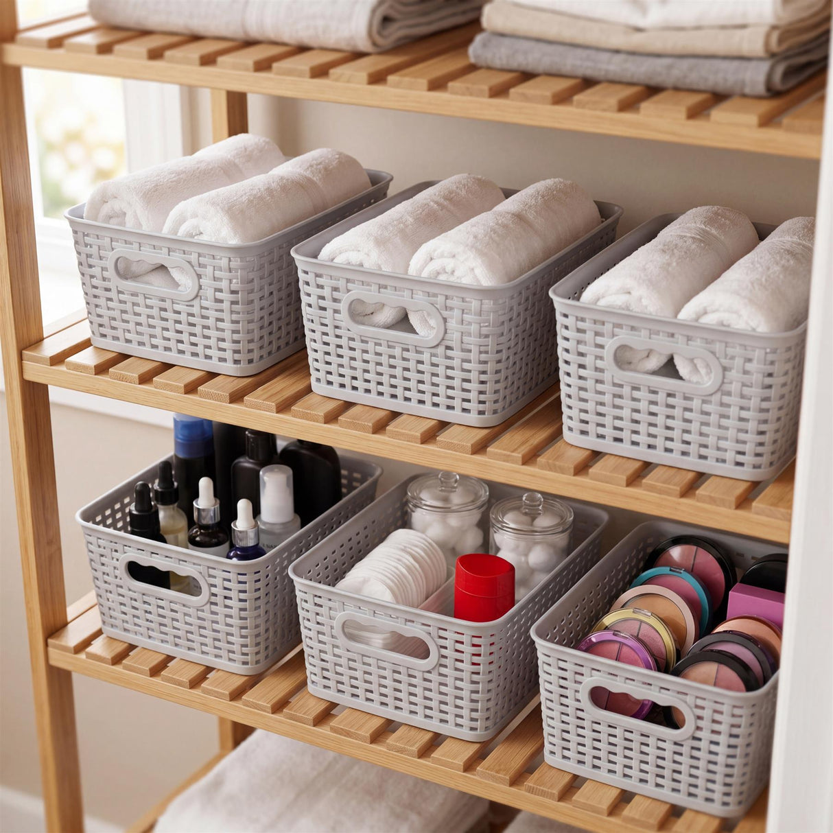 Six gray woven storage baskets organized on wooden shelves holding folded linens and toiletries.