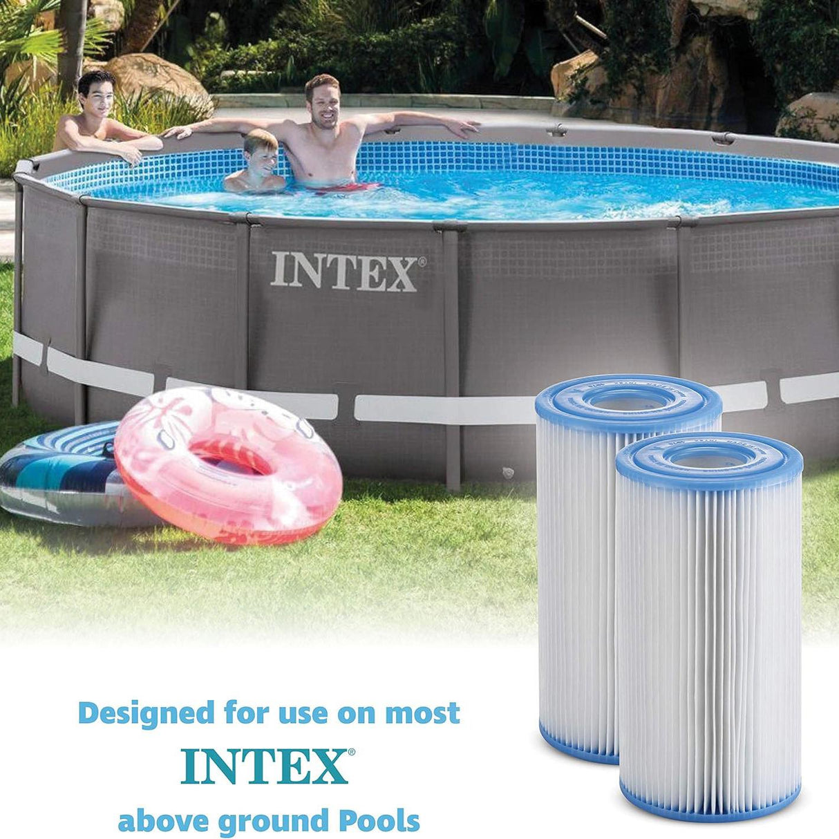 Three filter cartridges placed near a large, above-ground swimming pool with people inside.