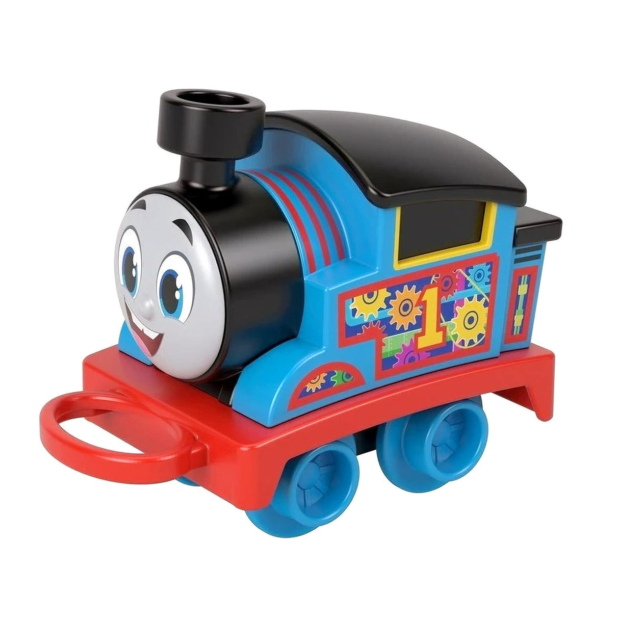 Blue and black toy train playset resting on a red base. The train body features colorful gears and decorations.