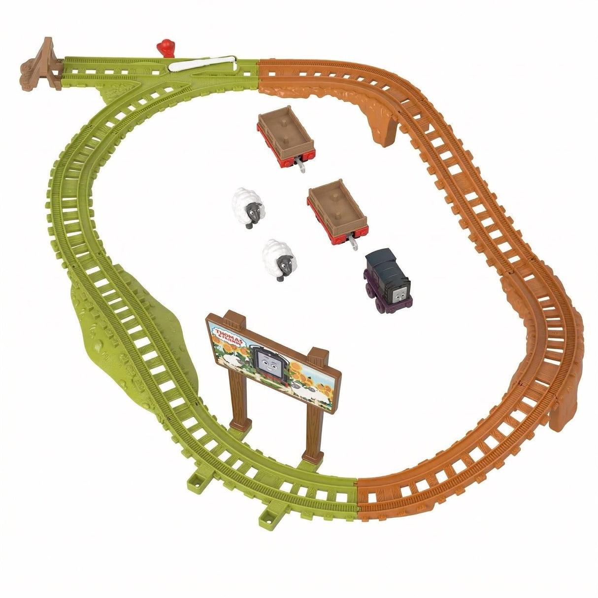 Circular train set featuring green and brown track pieces, two diesel trains, and a station platform.