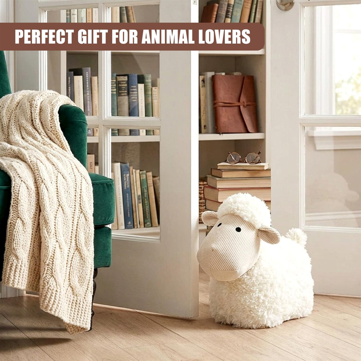Fuzzy white sheep statue acting as a decorative door stopper on a light wood floor.