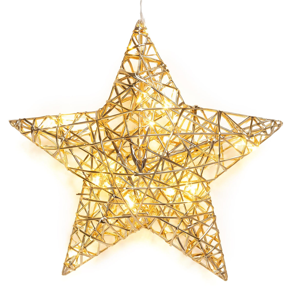 A champagne gold hanging LED Christmas star with warm white lights