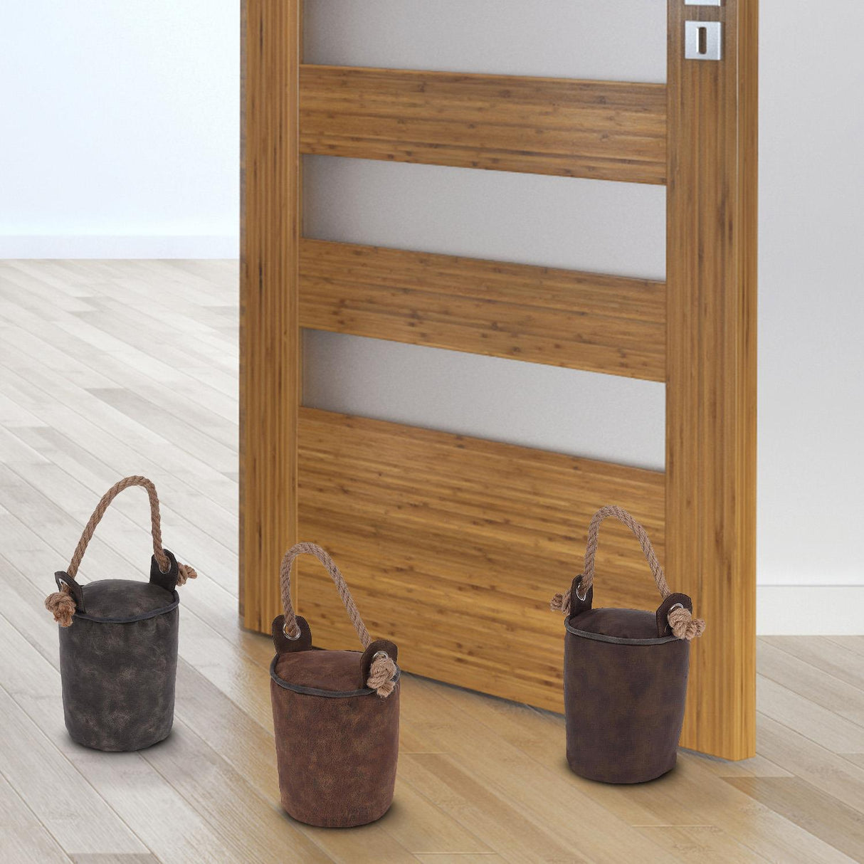 Brown and white faux leather door stopper on a plain white wall. - UKBuyZone