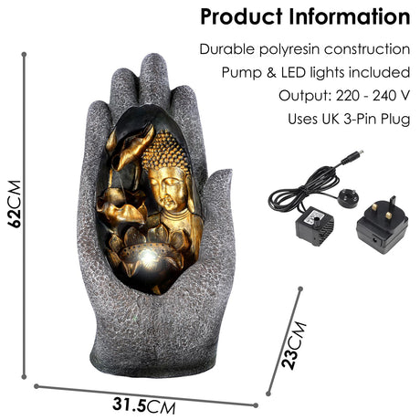 Hand Buddha Water Feature Outdoor With LED by GEEZY - UKBuyZone