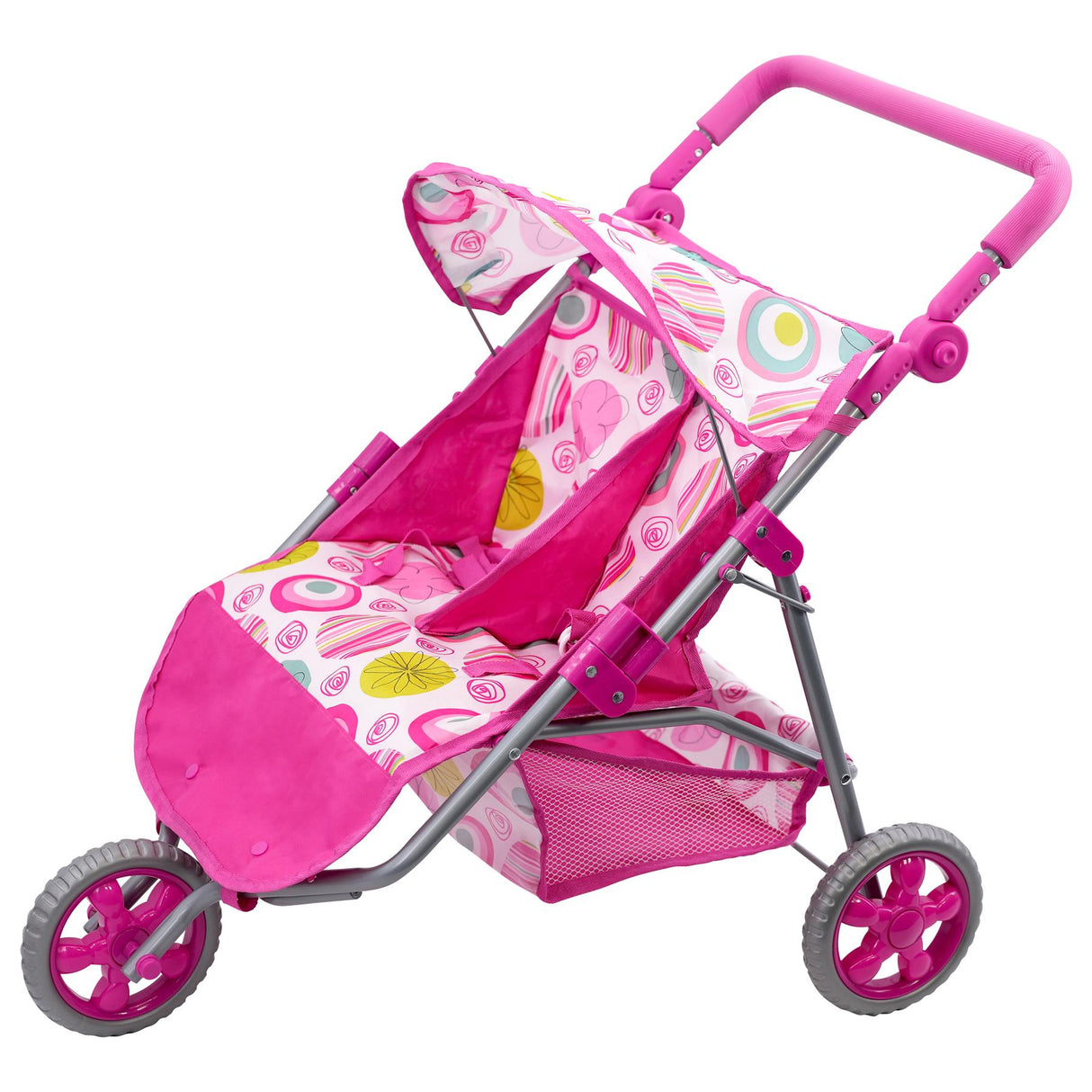 Pink doll's twin pushchair with two reclining seats and pink canopy.