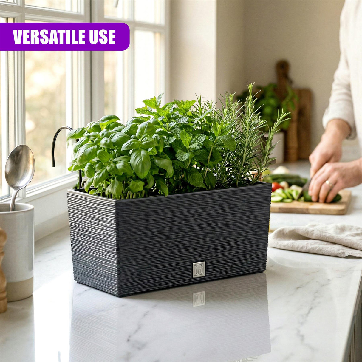 Dark gray rectangular planter box holds various fresh green herbs on a white countertop.