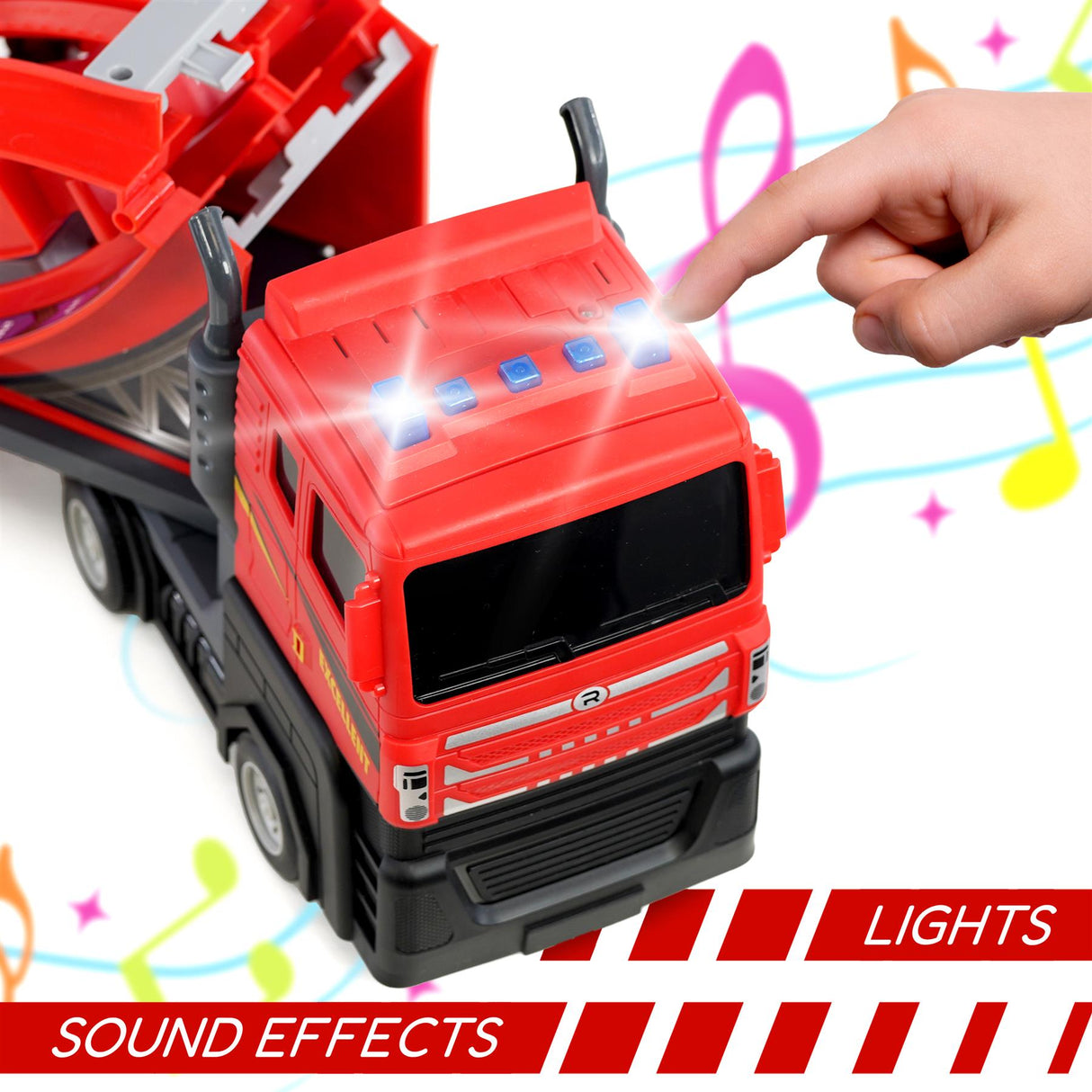 Red toy dump truck with articulated arm and cab featuring flashing lights and blue accent details.